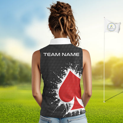Red Spades Poker Womens Golf Sleeveless Polo Shirt Custom Name Splatter Poker Golf Top For Team, Golf Gift NYN4034