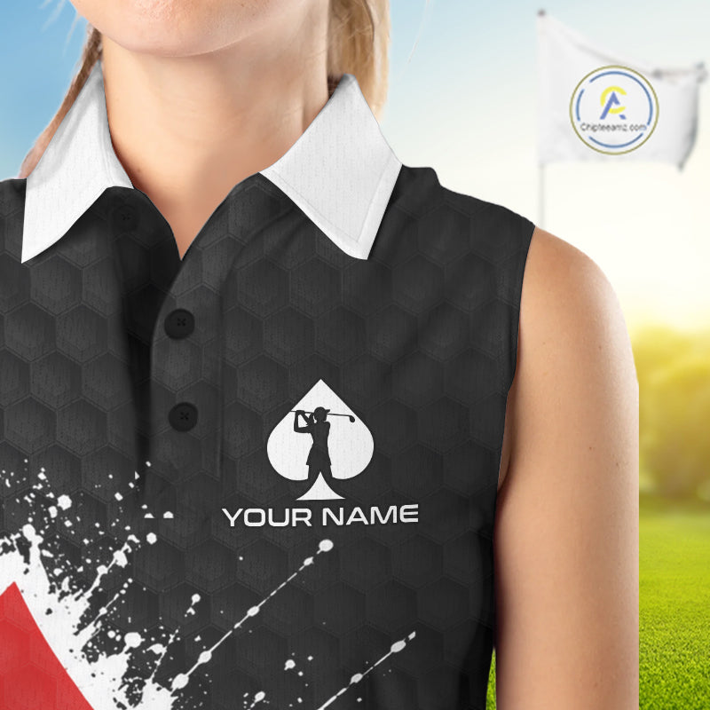 Red Spades Poker Womens Golf Sleeveless Polo Shirt Custom Name Splatter Poker Golf Top For Team, Golf Gift NYN4034