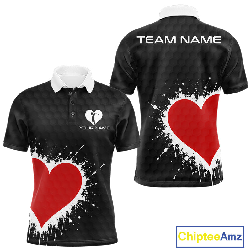 Red Hearts Poker Mens Golf Polo Shirt Custom Name Splatter Poker Golf Top For Team, Golf Gift NYN4035