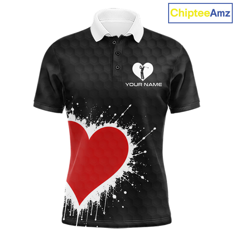 Red Hearts Poker Mens Golf Polo Shirt Custom Name Splatter Poker Golf Top For Team, Golf Gift NYN4035