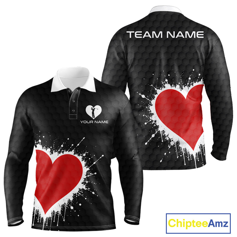 Red Hearts Poker Mens Golf Polo Shirt Custom Name Splatter Poker Golf Top For Team, Golf Gift NYN4035