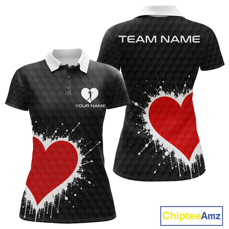 Red Hearts Poker Womens Golf Polo Shirt Custom Name Splatter Poker Golf Top For Team, Golf Gift NYN4035