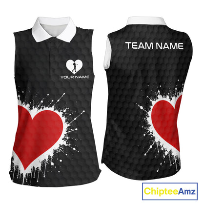Red Hearts Poker Womens Golf Sleeveless Polo Shirt Custom Name Splatter Poker Golf Top For Team, Golf Gift NYN4035