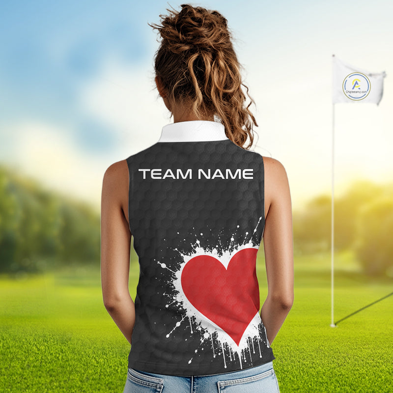 Red Hearts Poker Womens Golf Sleeveless Polo Shirt Custom Name Splatter Poker Golf Top For Team, Golf Gift NYN4035