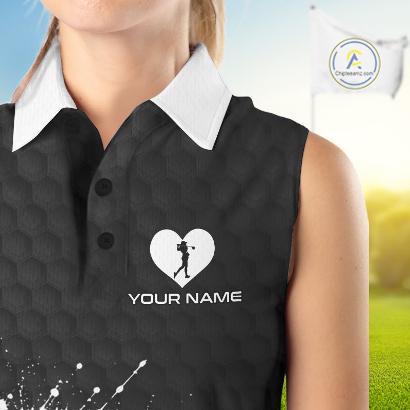 Red Hearts Poker Womens Golf Sleeveless Polo Shirt Custom Name Splatter Poker Golf Top For Team, Golf Gift NYN4035