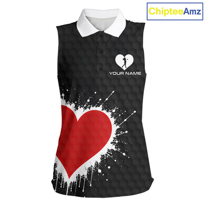 Red Hearts Poker Womens Golf Sleeveless Polo Shirt Custom Name Splatter Poker Golf Top For Team, Golf Gift NYN4035