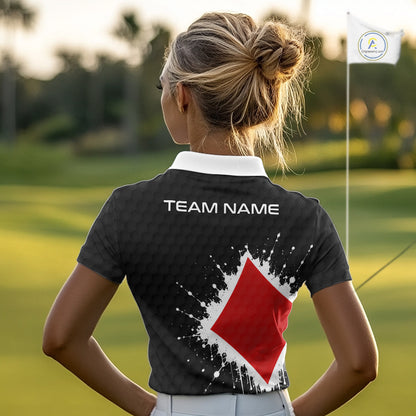 Red Diamonds Poker Womens Golf Polo Shirt Custom Name Splatter Poker Golf Top For Team, Golf Gift NYN4036