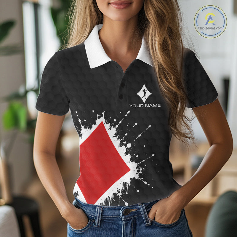Red Diamonds Poker Womens Golf Polo Shirt Custom Name Splatter Poker Golf Top For Team, Golf Gift NYN4036