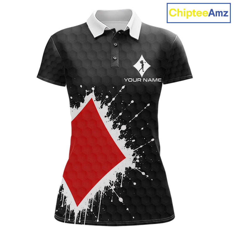 Red Diamonds Poker Womens Golf Polo Shirt Custom Name Splatter Poker Golf Top For Team, Golf Gift NYN4036