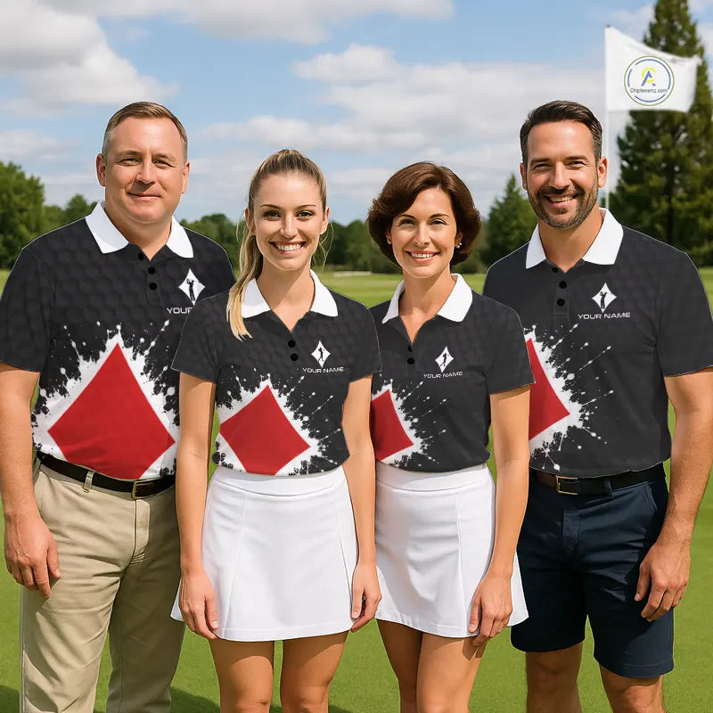 Red Diamonds Poker Mens Golf Polo Shirt Custom Name Splatter Poker Golf Top For Team, Golf Gift NYN4036