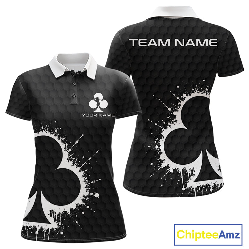 Black Clubs Poker Womens Golf Polo Shirt Custom Name Splatter Poker Golf Top For Team, Golf Gift NYN4037