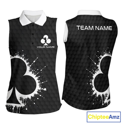 Black Clubs Poker Womens Golf Sleeveless Polo Shirt Custom Name Splatter Poker Golf Top For Team, Golf Gift NYN4037