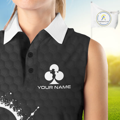 Black Clubs Poker Womens Golf Sleeveless Polo Shirt Custom Name Splatter Poker Golf Top For Team, Golf Gift NYN4037