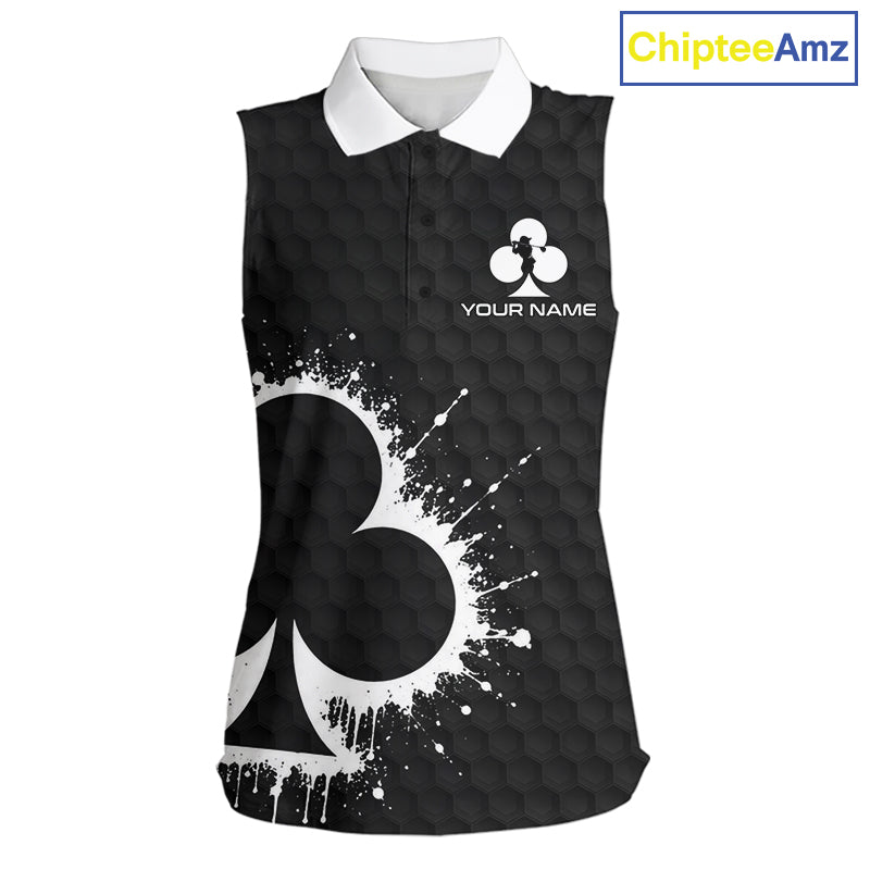 Black Clubs Poker Womens Golf Sleeveless Polo Shirt Custom Name Splatter Poker Golf Top For Team, Golf Gift NYN4037