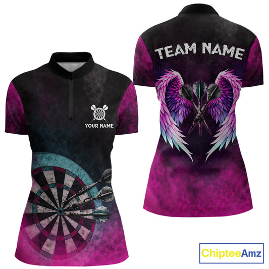 Blue & Pink Tie Dye Grunge Darts 1/4-Zip Shirts For Women Custom Wings Dartboard Team Jerseys NYN2447