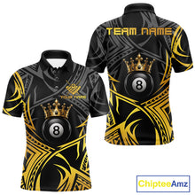 Load image into Gallery viewer, Gold Tribal Crown men's 8 Ball billiard polo featuring royal crown graphics, tribal artwork, personalized cue sports jersey, custom APA pool tournament apparel, championship athletic performance clothing