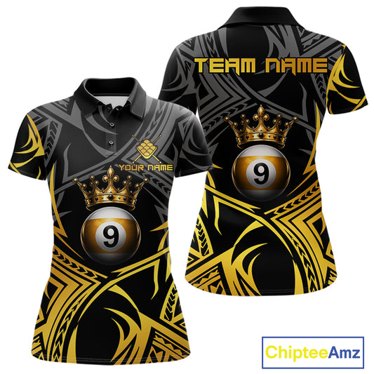 Gold Tribal Crown women's 9 Ball billiard polo featuring premium royal crown artwork, personalized 9 Ball tournament jersey, APA BCA cue sports apparel, custom championship pool team shirt, luxury athletic performance clothing
