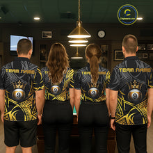 Load image into Gallery viewer, Coordinated Gold Tribal Crown 9 Ball billiard jerseys for men and women, personalized pool team uniforms inspired by royalty and tribal artistry, representing ambition, prestige, leadership and victory while appealing to fantasy enthusiasts, tattoo culture, premium sportswear fans and professional cue sports competitors