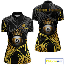 Load image into Gallery viewer, Gold Tribal Crown women's quarter-zip 9 Ball billiard jersey featuring luxury crown graphics, personalized cue sports tournament apparel, APA league performance shirt, custom championship uniform