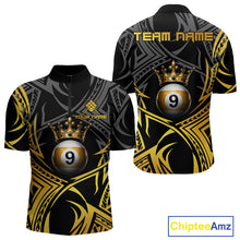 Load image into Gallery viewer, Gold Tribal Crown men's quarter-zip 9 Ball billiard jersey featuring tribal crown artwork, custom pool tournament apparel, personalized cue sports performance jersey, premium athletic clothing