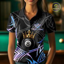 Load image into Gallery viewer, Female model wearing Holographic Tribal Crown billiard polo featuring iridescent crown artwork, personalized championship pool jersey, futuristic cue sports apparel designed for competitive league play