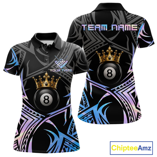 Holographic Tribal Crown women's 8 Ball billiard polo featuring iridescent crown artwork, holographic tribal graphics, personalized pool tournament jersey, APA cue sports performance apparel, premium athletic team uniform