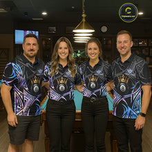Load image into Gallery viewer, Matching Holographic Tribal Crown billiard jerseys for men and women featuring futuristic holographic tribal artwork and royal crown symbolism representing innovation, prestige, confidence and championship success, appealing to gamers, esports fans, fantasy collectors, tattoo enthusiasts, streetwear communities and professional cue sports teams