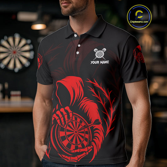 Custom Black And Red Grim Reaper Dartboard Dart Men Polo Shirt Outfits Dart Jerseys NYN1636