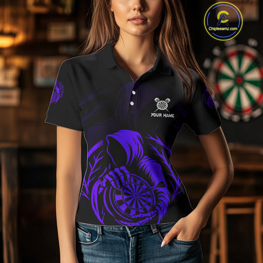 Custom Black And Purple Grim Reaper Dartboard Dart Women Polo Shirt Outfits Dart Jerseys NYN1637