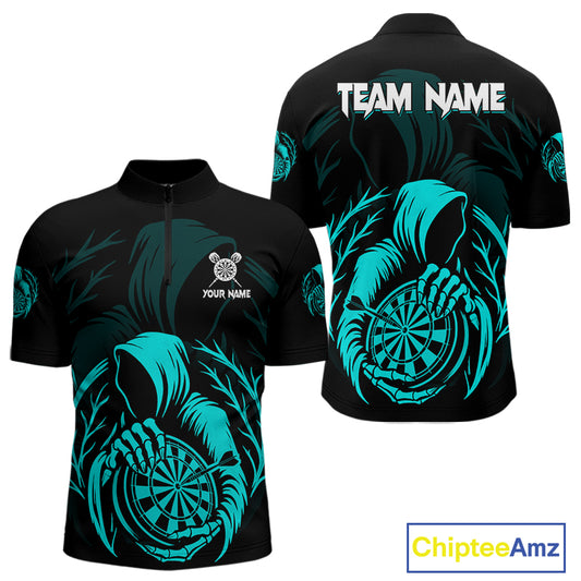 Custom Black And Turquoise Grim Reaper Dartboard Dart Men 1/4-Zip Shirt Outfits Dart Jerseys NYN1638