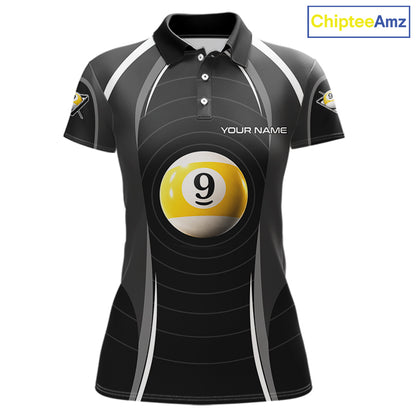 Black Blur 9 Ball Pool Polo & 1/4-Zip Team Shirt For Women Personalized Billiards Ball Apparel NYN2454