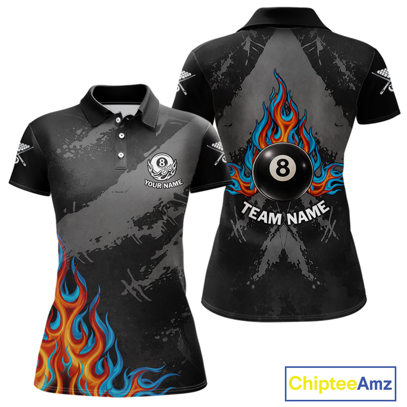 Blue And Red Flames 8 Ball Pool Women Polo & 1/4-Zip Team Shirts Custom Billiards Ball Apparel NYN2460