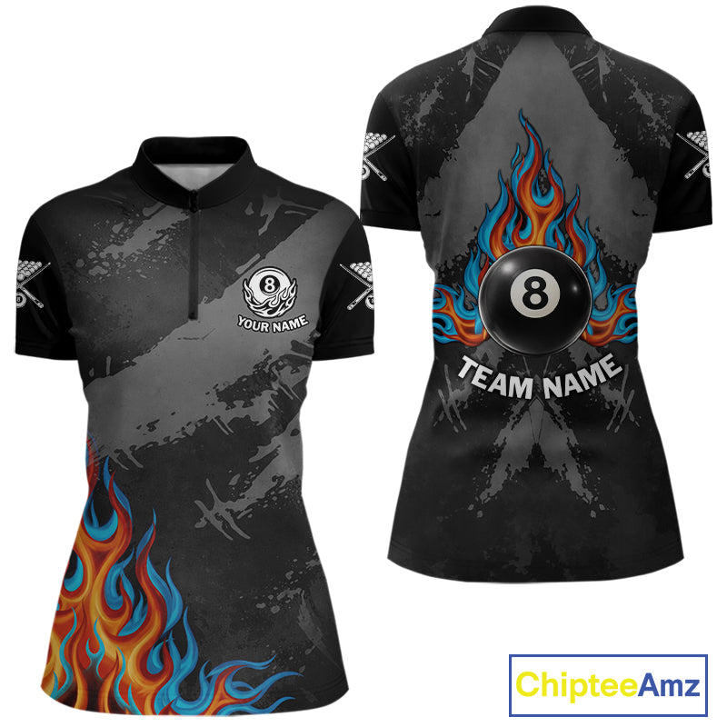 Blue And Red Flames 8 Ball Pool Women Polo & 1/4-Zip Team Shirts Custom Billiards Ball Apparel NYN2460