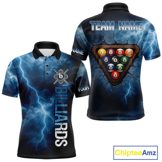 Thunder Lightning Blue Billiard Shirts For Men Custom Cracked 8 Ball Pool Billiard Team Jerseys NYN3044