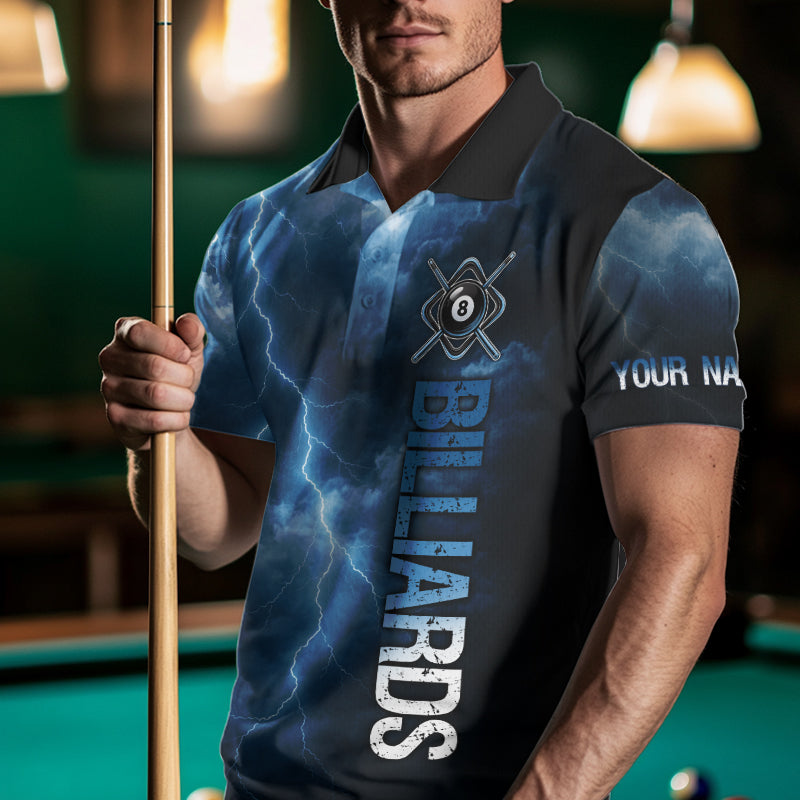 Thunder Lightning Blue Billiard Shirts For Men Custom Cracked 8 Ball Pool Billiard Team Jerseys NYN3044