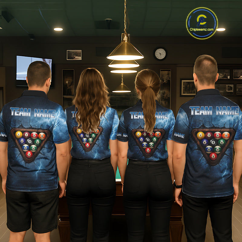 Thunder Lightning Blue Billiard Shirts For Men Custom Cracked 8 Ball Pool Billiard Team Jerseys NYN3044