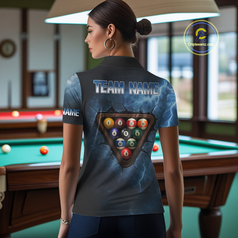 Thunder Lightning Blue Billiard Shirts For Women Custom Cracked 8 Ball Pool Billiard Team Jerseys NYN3044