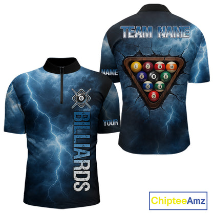 Thunder Lightning Blue Billiard Shirts For Men Custom Cracked 8 Ball Pool Billiard Team Jerseys NYN3044