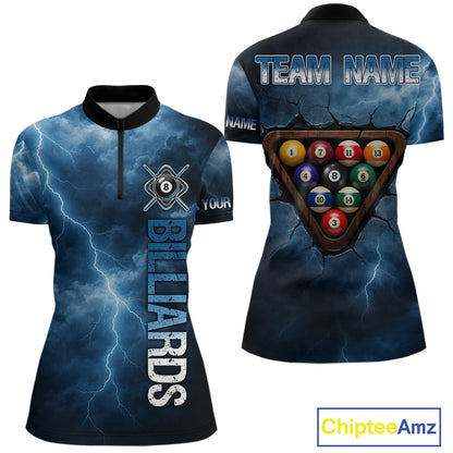 Thunder Lightning Blue Billiard Shirts For Women Custom Cracked 8 Ball Pool Billiard Team Jerseys NYN3044