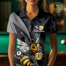 Load image into Gallery viewer, Female model wearing Funny Bee billiard polo featuring personalized 8 Ball &amp; 9 Ball pool jersey, professional cue sports apparel, cheerful mascot performance clothing for league competition