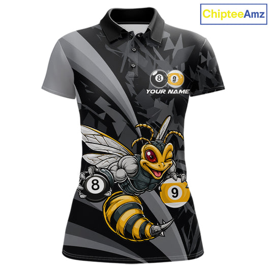 Grey Funny Bee women's billiard polo featuring adorable bee mascot, personalized 8 Ball & 9 Ball tournament jersey, APA cue sports apparel, custom pool league performance shirt, championship athletic uniform
