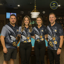 Load image into Gallery viewer, Matching Funny Bee billiard jerseys for men and women featuring cheerful bee mascot symbolizing teamwork, dedication, persistence, productivity and success, ideal for APA, BCA and VNEA leagues, family teams, nature lovers, environmental advocates, wildlife enthusiasts, recreational pool clubs and championship cue sports competitions