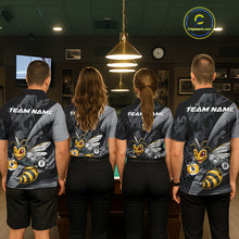 Load image into Gallery viewer, Matching Funny Bee billiard jerseys for men and women featuring cheerful bee mascot symbolizing teamwork, dedication, persistence, productivity and success, ideal for APA, BCA and VNEA leagues, family teams, nature lovers, environmental advocates, wildlife enthusiasts, recreational pool clubs and championship cue sports competitions