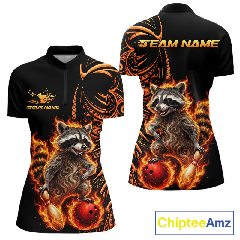 Personalized Flame Raccoon Funny Bowling Shirts For Women, Orange Tribal Bowling Shirts Team Uniform NYN4077