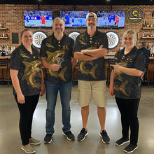 Load image into Gallery viewer, Personalized Black &amp; Gold Funny Shark Tribal Dart Polo Shirts Women Dart Team Jerseys NYN2186