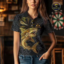 Load image into Gallery viewer, Personalized Black &amp; Gold Funny Shark Tribal Dart Polo Shirts Women Dart Team Jerseys NYN2186
