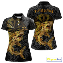 Load image into Gallery viewer, Personalized Black &amp; Gold Funny Shark Tribal Dart Polo Shirts Women Dart Team Jerseys NYN2186