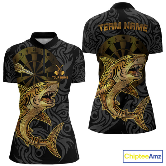 Personalized Black & Gold Funny Shark Tribal Dart Quarter-Zip Shirts Men Dart Team Jerseys NYN2186