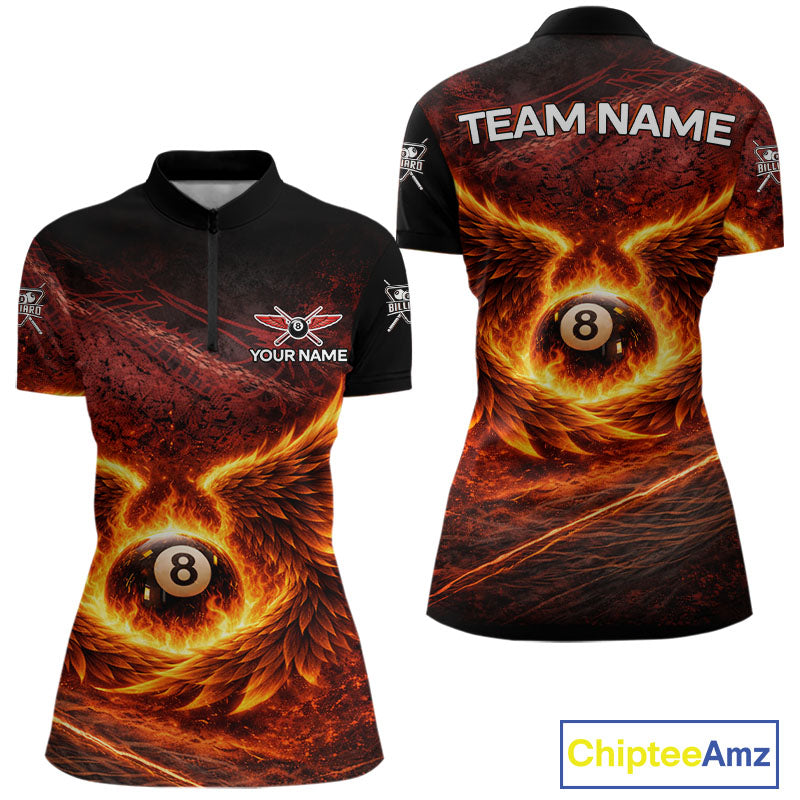 Fire Flame Wings 8 Ball Pool Polo & 1/4-Zip Team Shirt For Women Custom Billiards Ball Apparel NYN2461