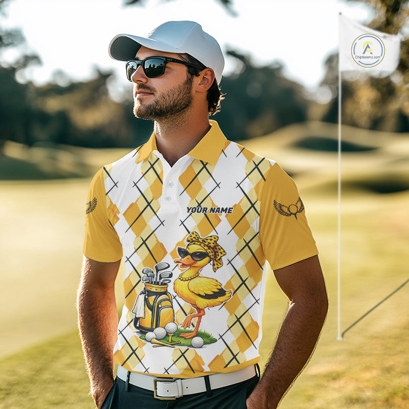Mens Funny Duck Golfer Polo Golf Shirts Custom White Yellow Argyle Golf Team Attire For Golfers NYN3057